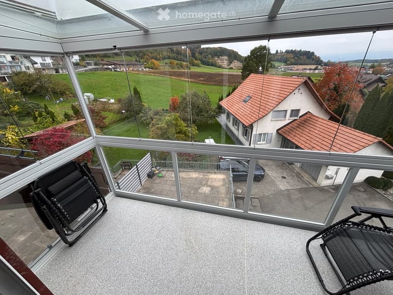 large glass windows, balcony, folding chairs, cars parked in driveway, house with brown roof, garden, green field, mountains in distance