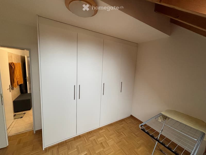 white wardrobe, wooden floor, round ceiling light, empty room, iron stand
