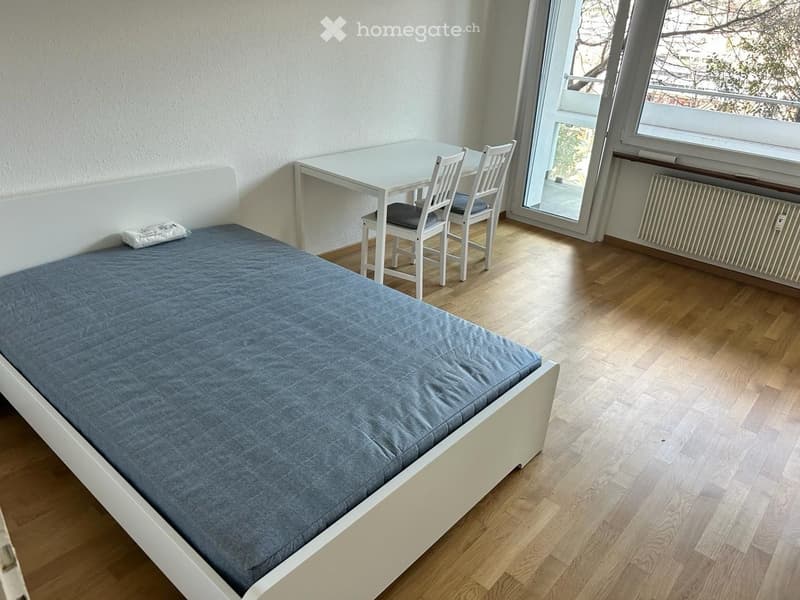 single bed, white desk, 2 chairs, white wall, wooden floor, glass doors
