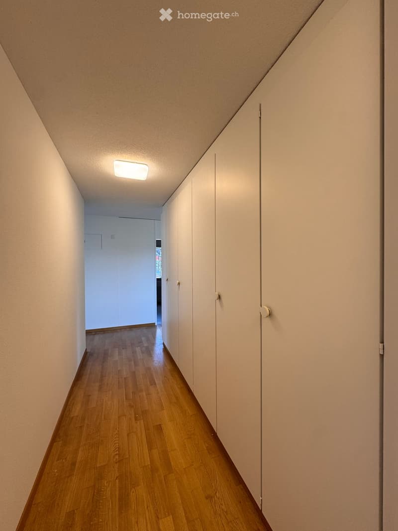 A narrow hallway with wooden flooring, white walls, and built-in storage cabinets on one side. The ceiling has a recessed light fixture, and the hallway leads to an open doorway at the end.