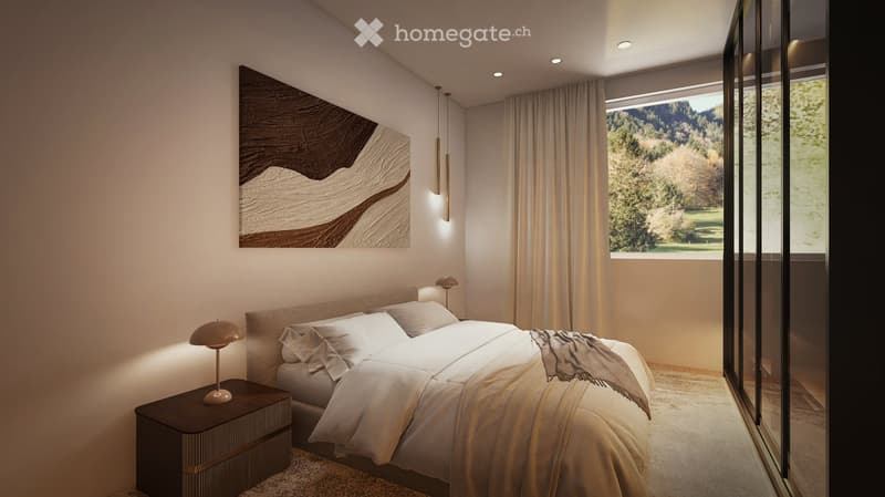 A bedroom with a bed, nightstand, lamp, artwork, and a window with a view of the mountains.