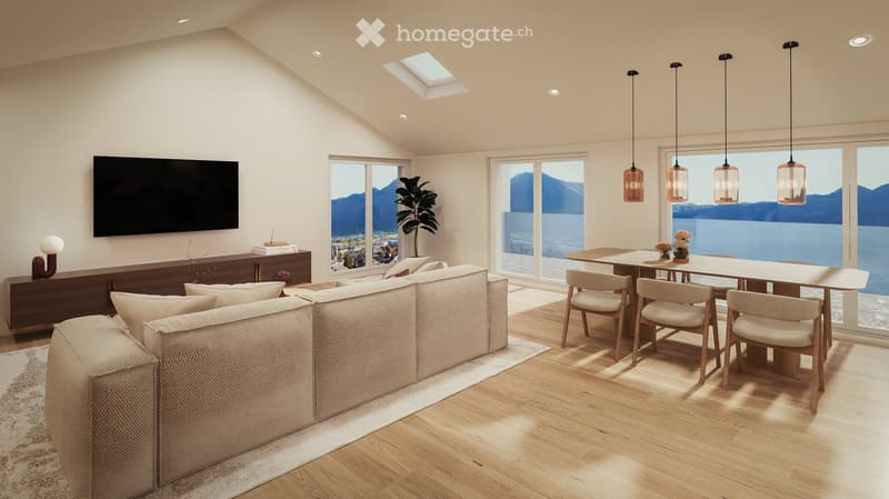 large sofa, wooden floor, large windows, dining table, TV, wooden table, wooden chairs, wooden cabinet, pendant lights