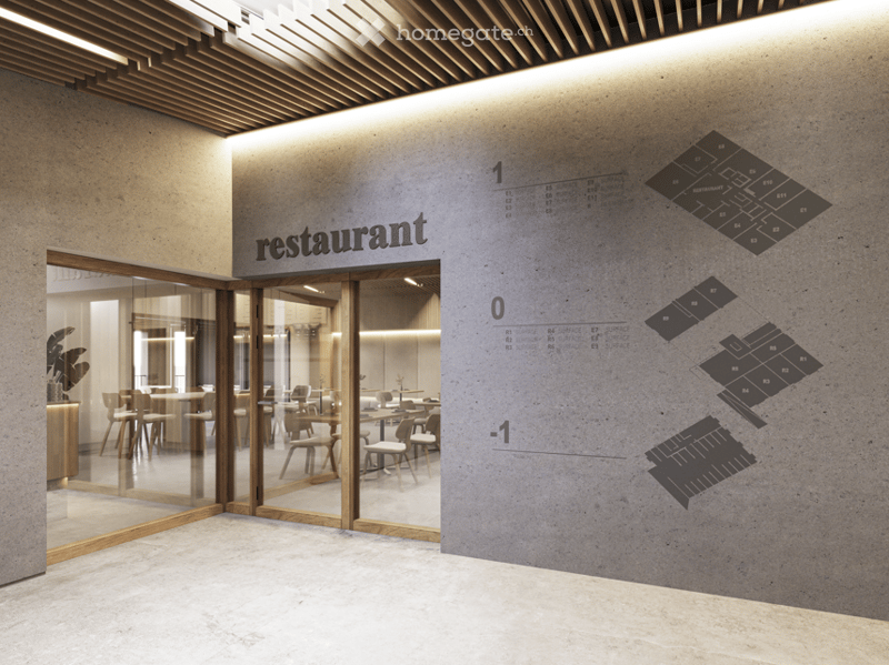 Floor plan of a restaurant with multiple sections, including dining areas and a bar.