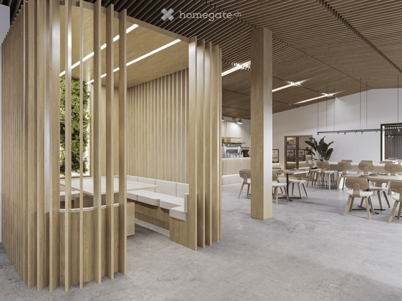 modern interior with wooden walls, white ceiling, white floor, white couch, dining tables, chairs, plants