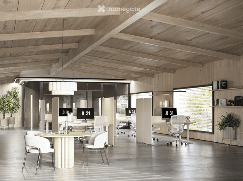 modern office space, wooden ceiling, white walls, round table, white chairs, white desks, monitors, plants