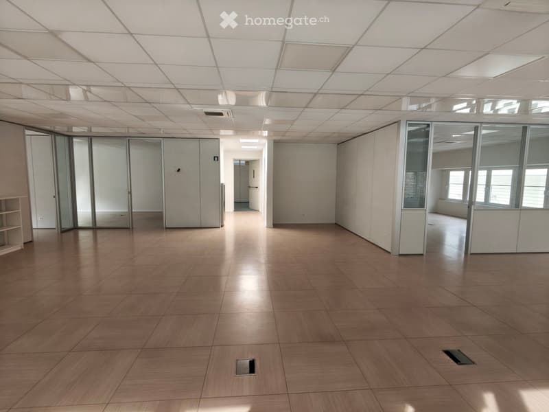 Empty office space with tiled floor, glass walls, and ceiling lights