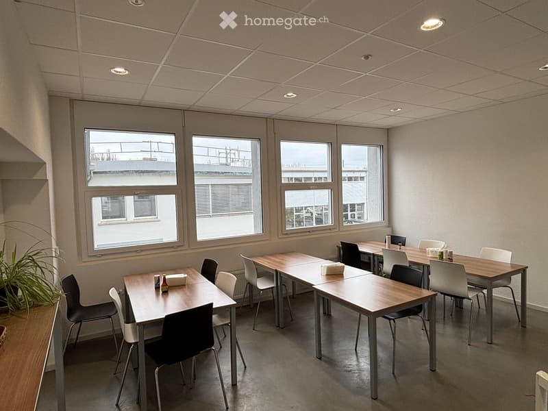 Bright, modern room with multiple tables and chairs arranged for meetings, large windows, and a potted plant near the wall.