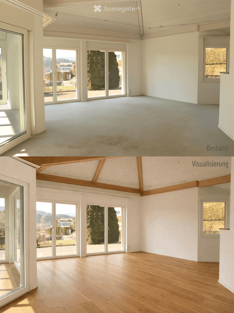large windows, wooden floor, wooden beams, empty room