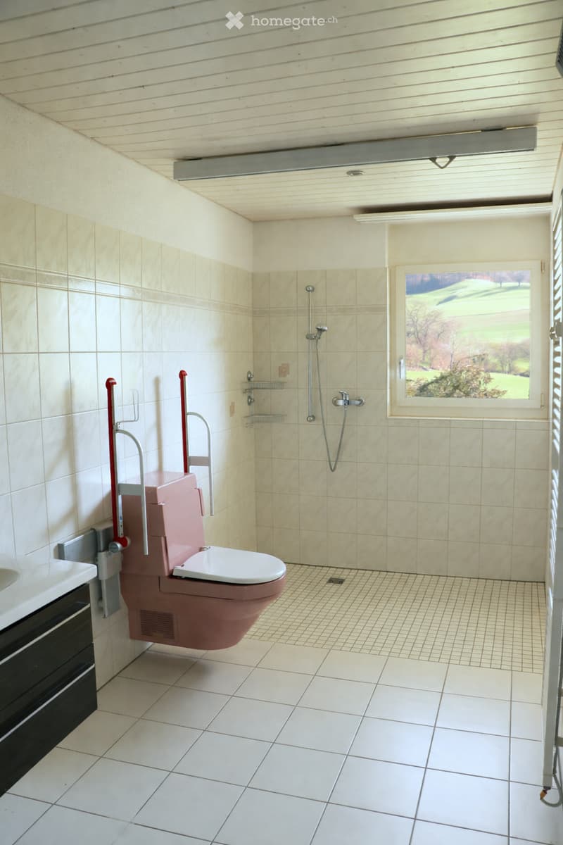 white tiles, pink toilet, shower, window, white sink, black cabinet