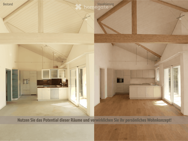 Open floor plan, wooden beams, large windows, kitchen with modern appliances, spacious living area, potential for customization
