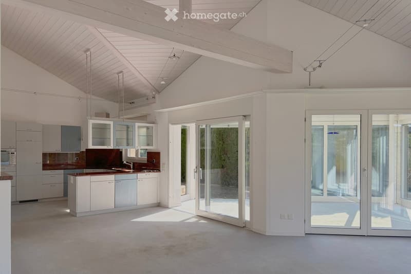modern kitchen with white cabinets, marble countertop, stainless steel appliances, large windows, sliding glass doors