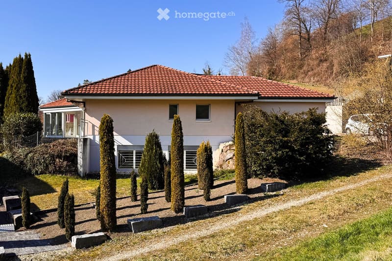 modern house, red roof, white walls, large windows, raised ground floor, garden, gravel path