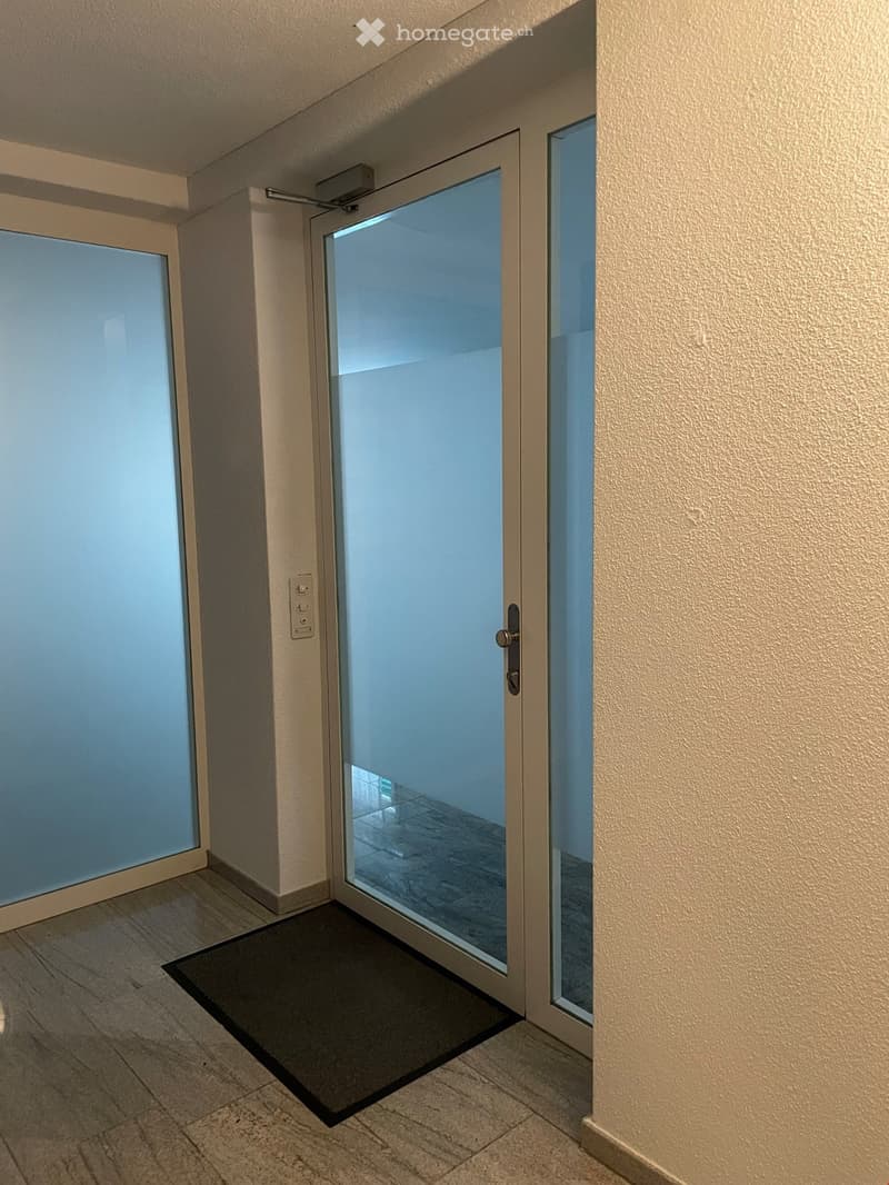 tiled floor, glass door, black mat, white wall, switch