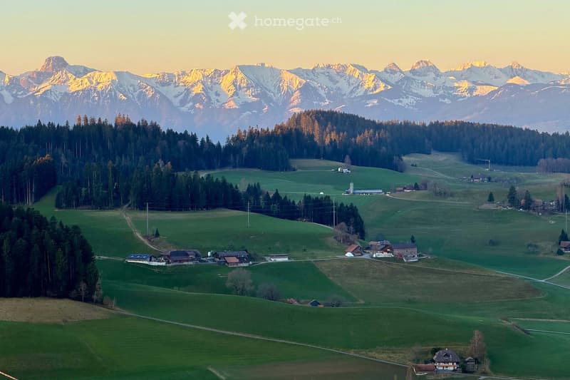 green fields, mountains, houses, trees, clear sky