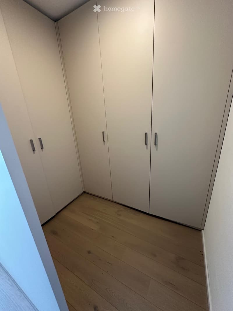 Empty room with white built-in wardrobes and wooden floor
