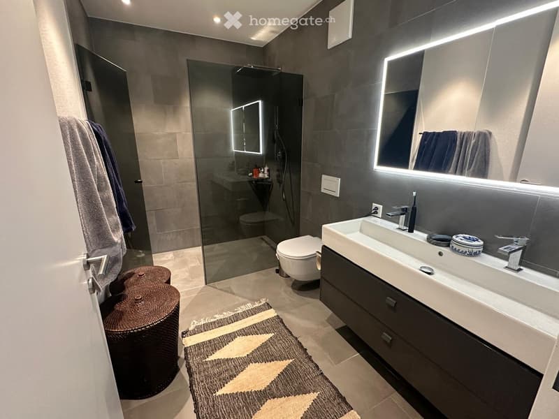 modern bathroom, gray tiles, glass shower, white sink, mirror, toilet, towels, rug