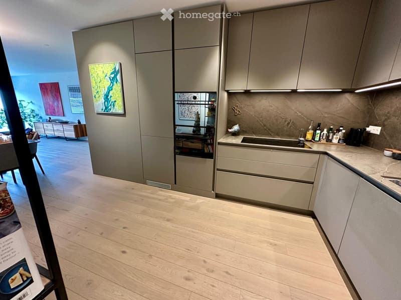 modern kitchen with wooden floor, gray cabinets, granite countertop, built-in oven, sink, and faucet, various kitchen items on the countertop