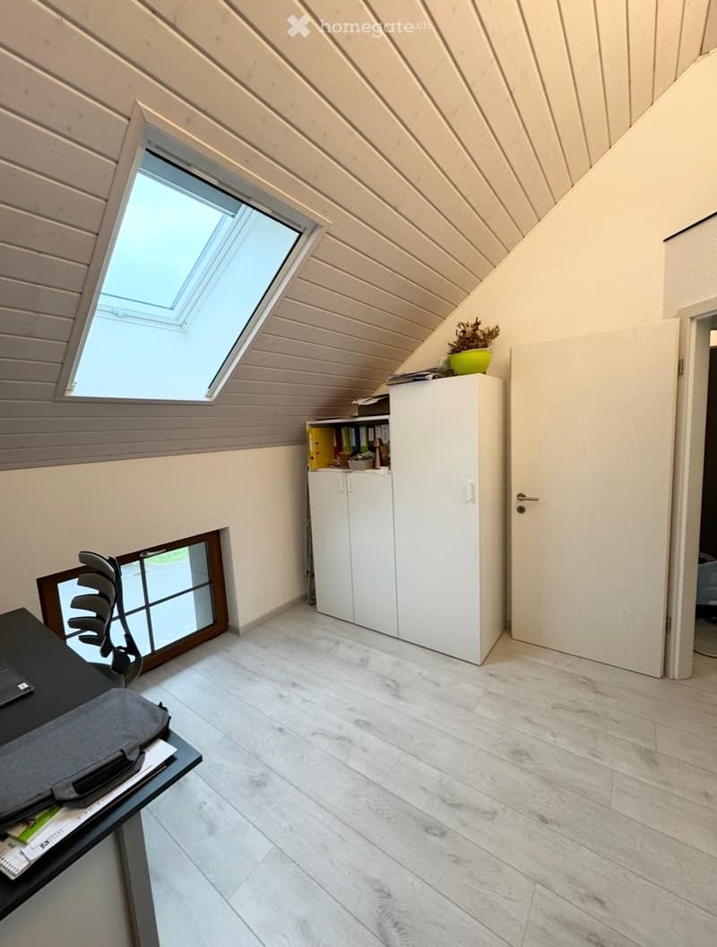 Skylight, wooden ceiling, white walls, white floor, white cabinet, desk, chair, potted plant