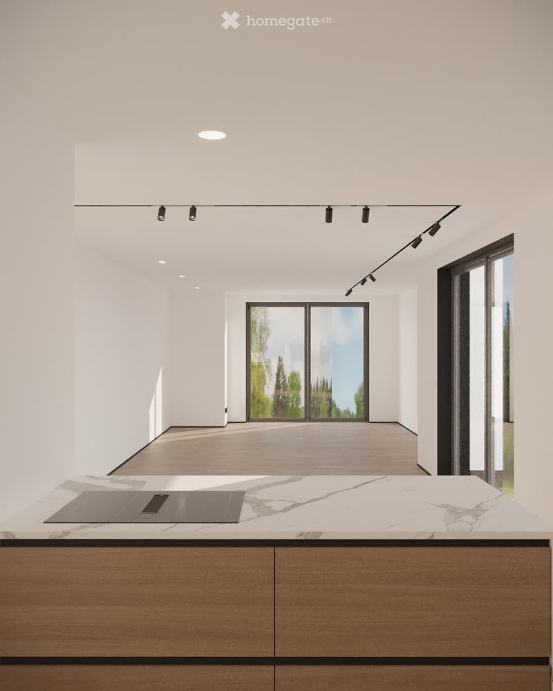 Modern kitchen with a white marble countertop, induction cooktop, and wooden cabinets. Large windows and recessed lighting.