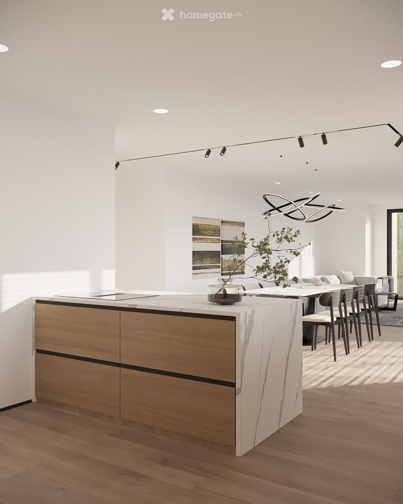 modern kitchen with marble countertop, wooden cabinets, modern lighting, dining area with table and chairs, living area with couch