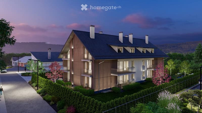 3 story house, brown wood, blue roof, multiple windows, balconies, driveway, garden, trees