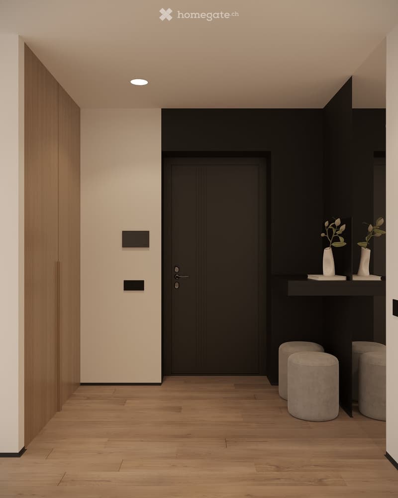 wooden floor, wooden wardrobe, black door, white wall, two stools, two vases
