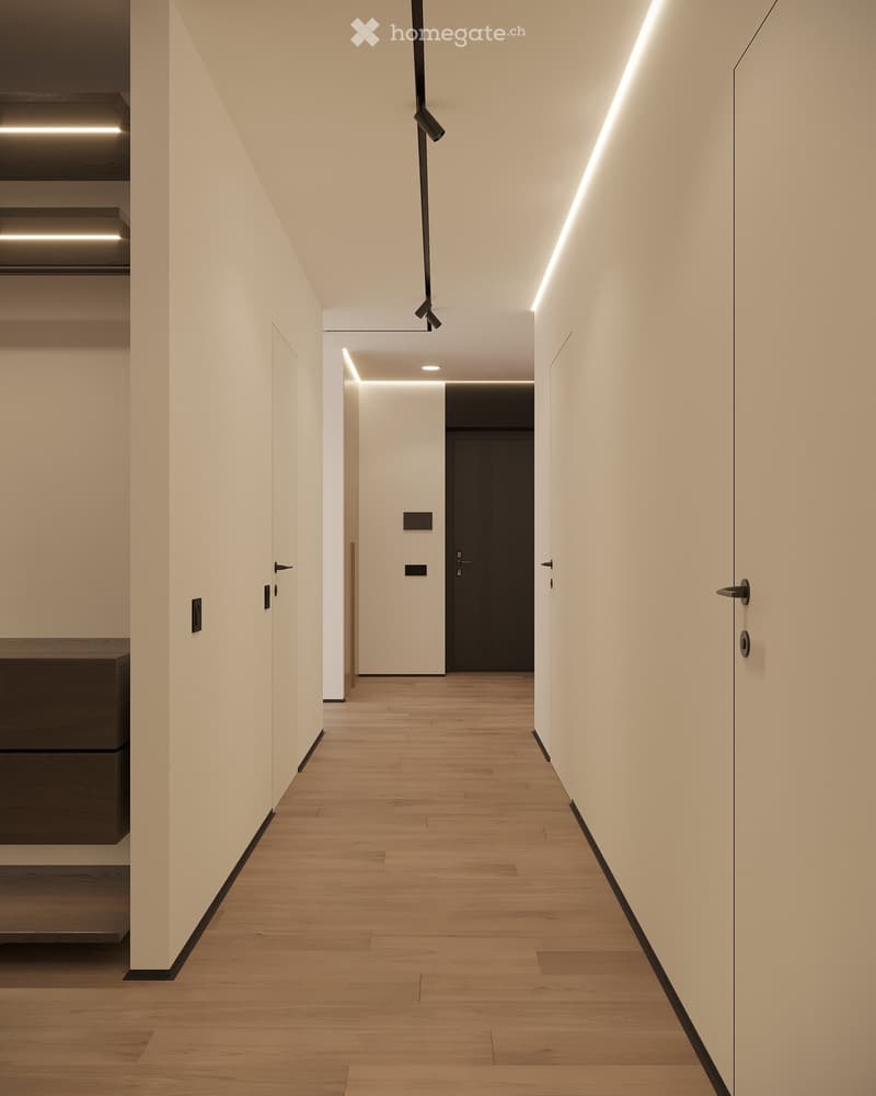 Modern hallway with light wooden flooring, white walls, and recessed lighting. Features sleek black door handles and a dark-toned door at the end.