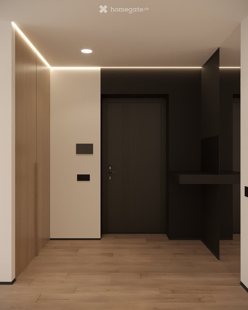 Modern hallway with wooden flooring, white and black walls, recessed lighting, and a central black door.