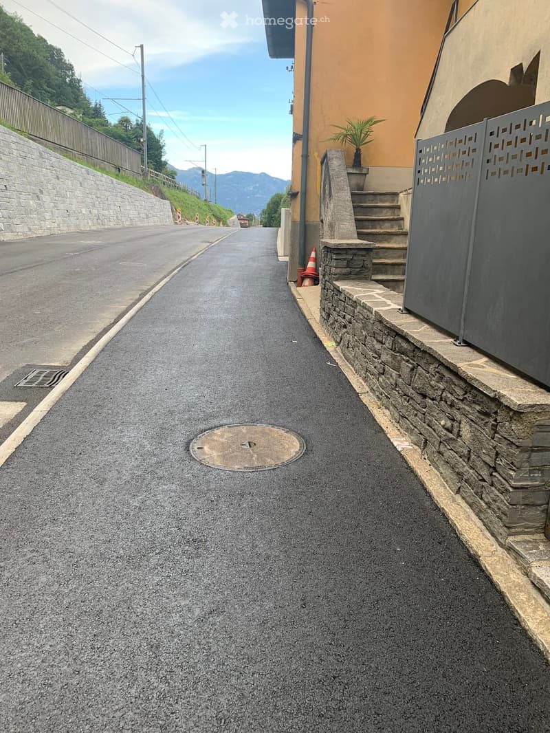 asphalt road, stone wall, manhole cover, traffic cone, stairs, building