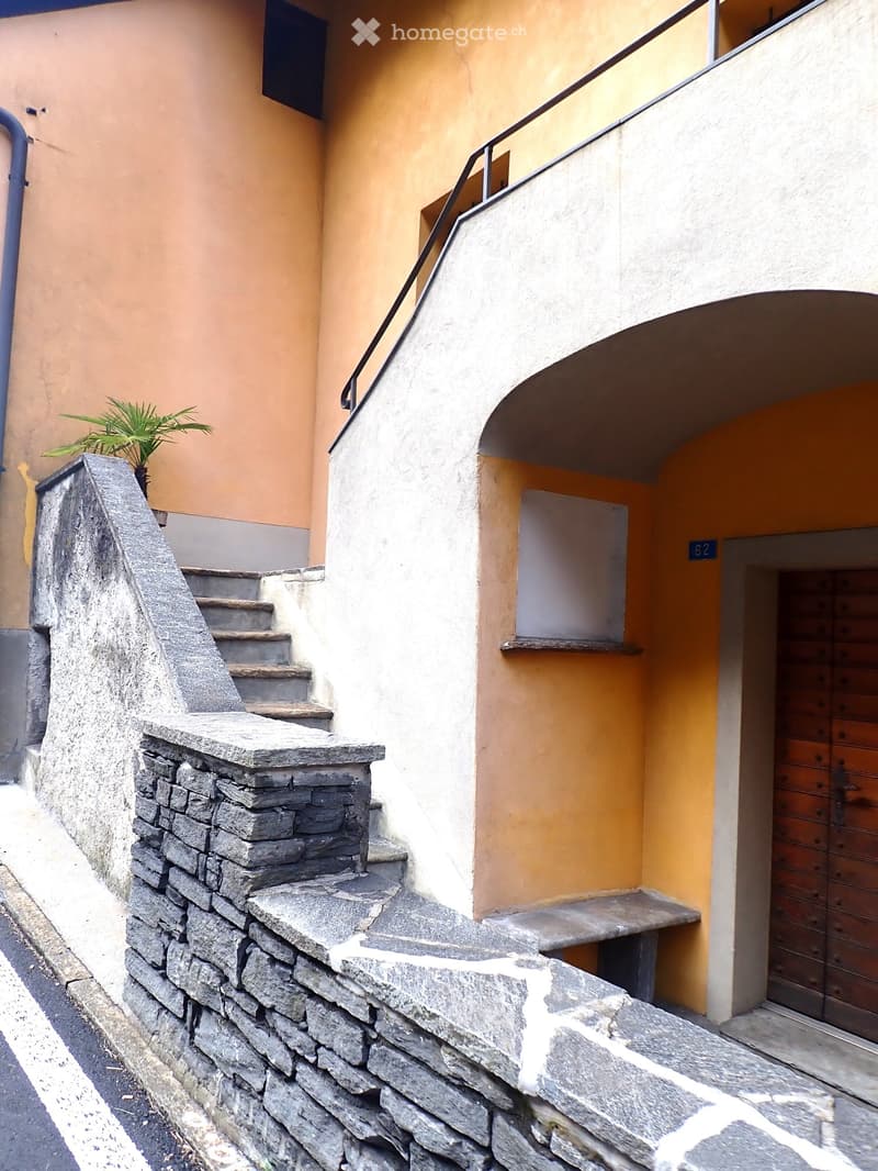 Stone wall, concrete stairs, wooden door, small window, plant