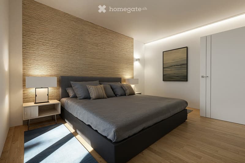 modern bedroom with wooden floor, gray bed, wooden nightstands, lamps, decorative pillows, wall art, and a rug