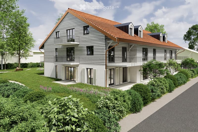 2 story house, red roof, white walls, balconies, windows, garden