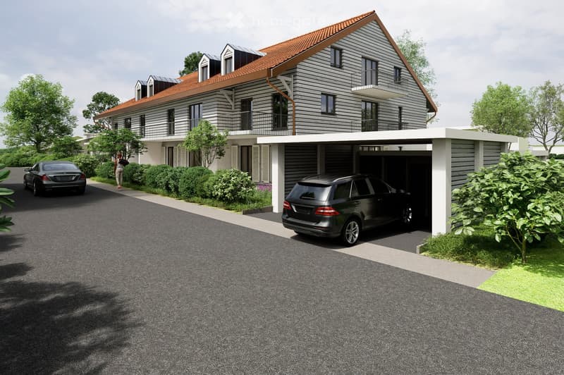 2 story house, red roof, gray walls, attached garage, solar panels, balcony