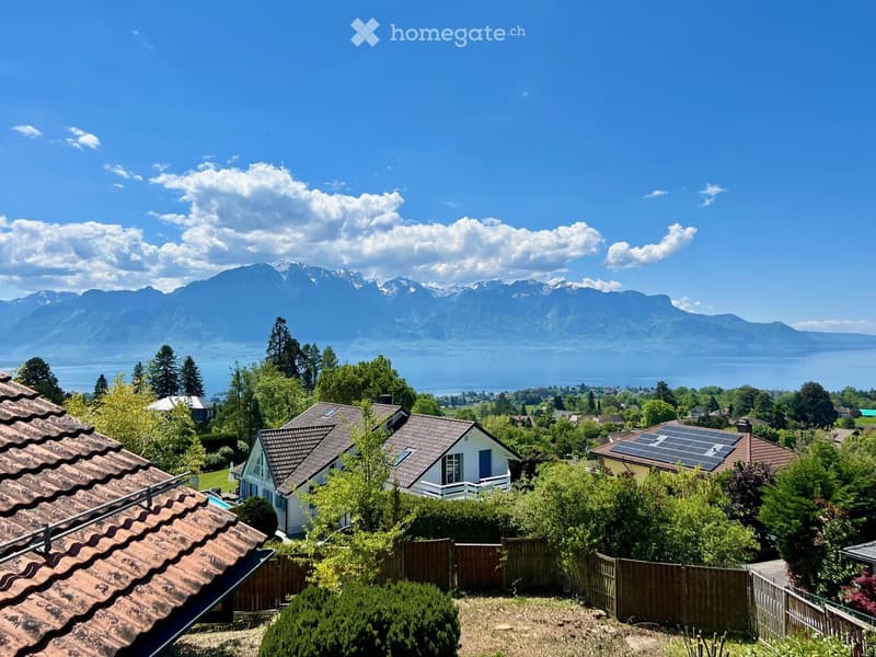 Three houses with solar panels, mountains, lake, greenery, rooftops
