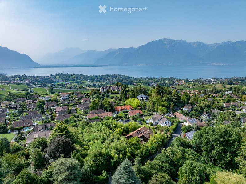 townscape with houses, mountains, and a large lake