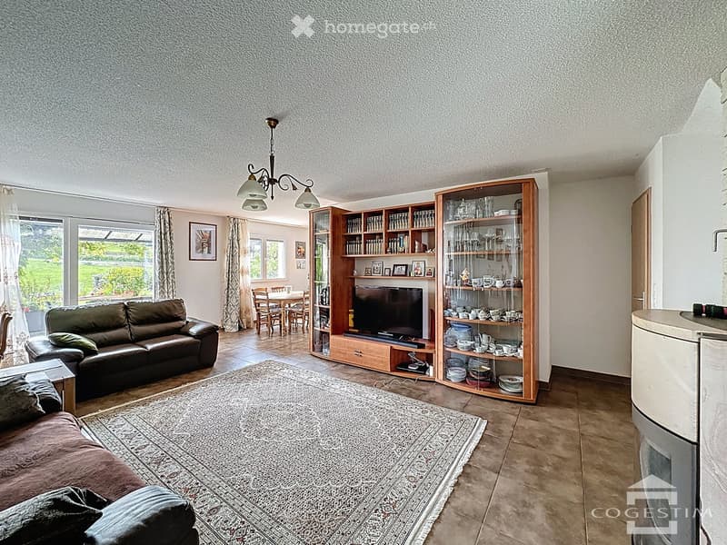 living room with two couches, rug, TV, entertainment center, dining table, chairs, fireplace