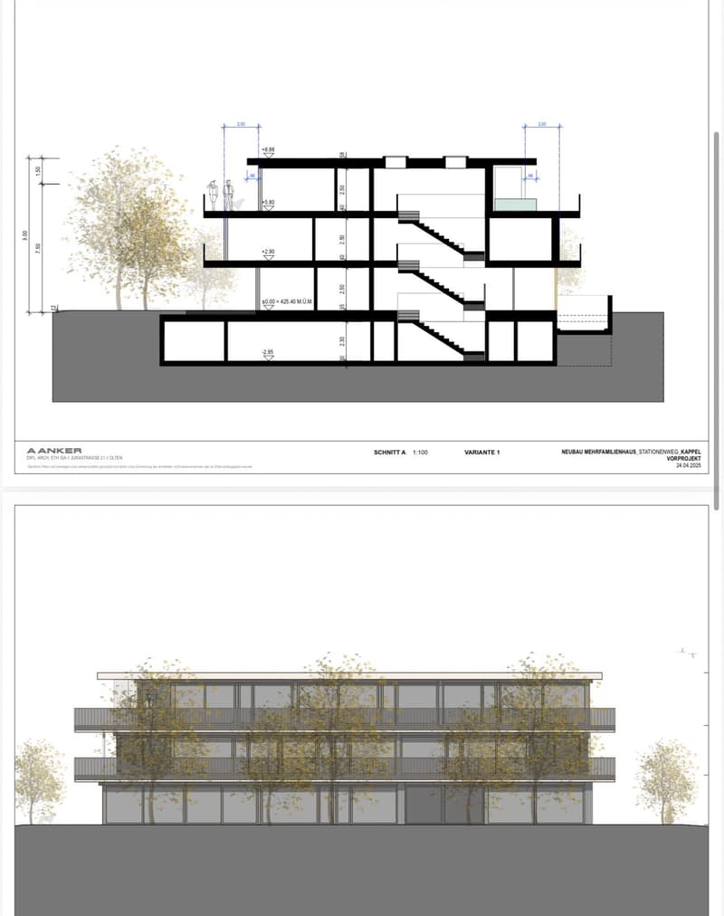 Floor plan of a multi-story building with balconies, staircases, and dimensions.