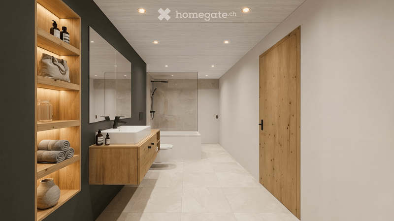 Bathroom with white sink, wooden cabinet, mirror, bathtub, toilet, wooden door, white tiles, wooden shelves, towels, and bottles