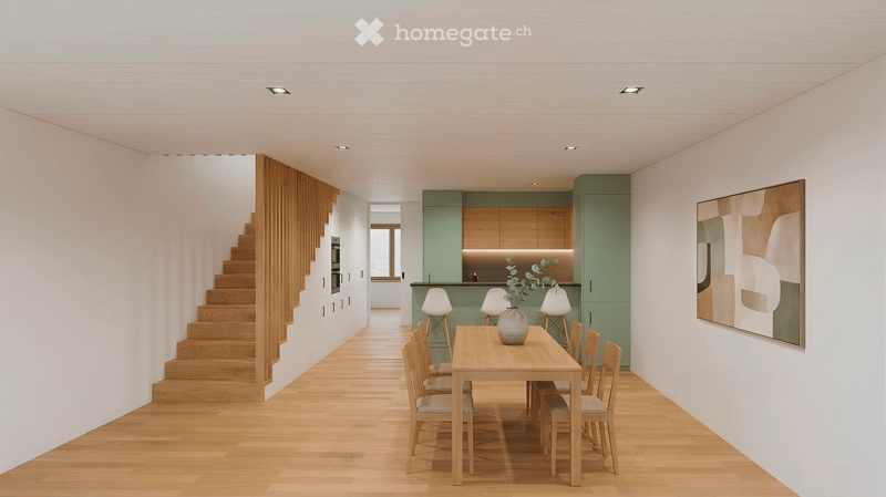 Dining room, kitchen, stairs