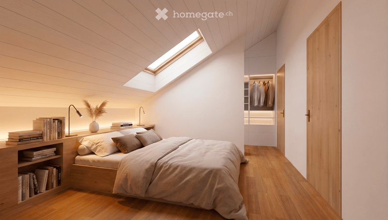 bedroom with bed, wooden floor, wooden headboard, bedside tables, lamps, books, wardrobe, skylight