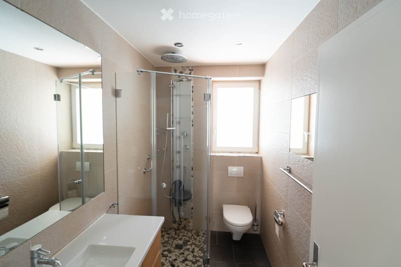 modern bathroom with shower, toilet, sink, and mirrors