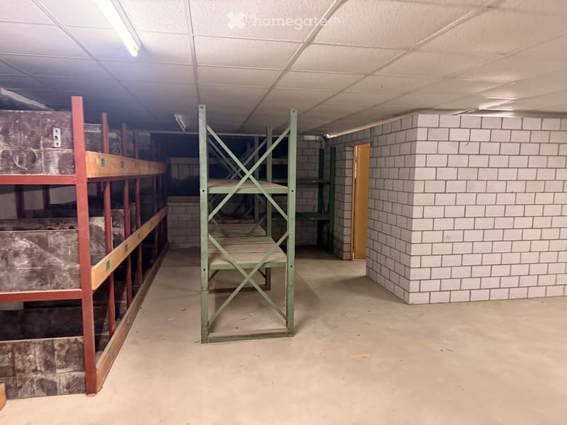 Empty room with white ceiling, white brick wall, green metal shelves, and a wooden door.