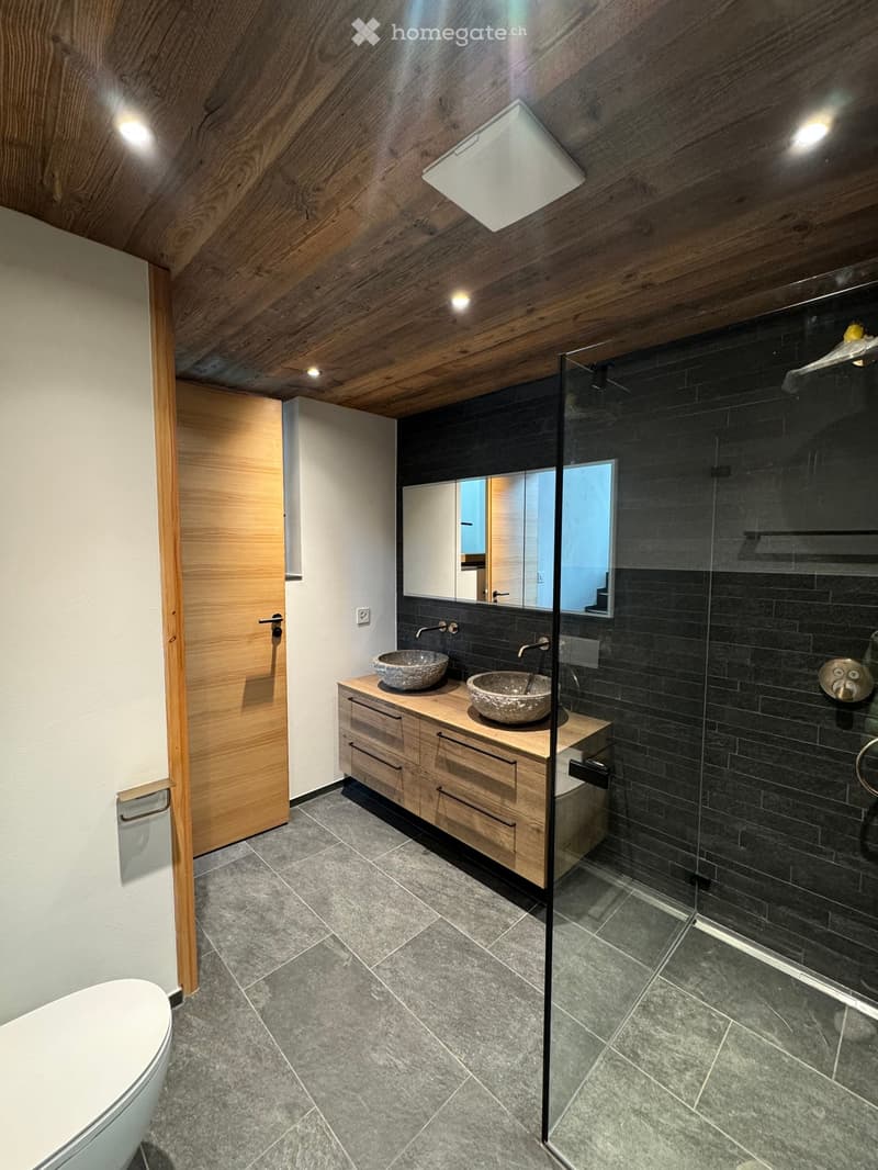 Bathroom with wooden ceiling, gray tiles, wooden vanity, two sinks, glass shower enclosure, toilet