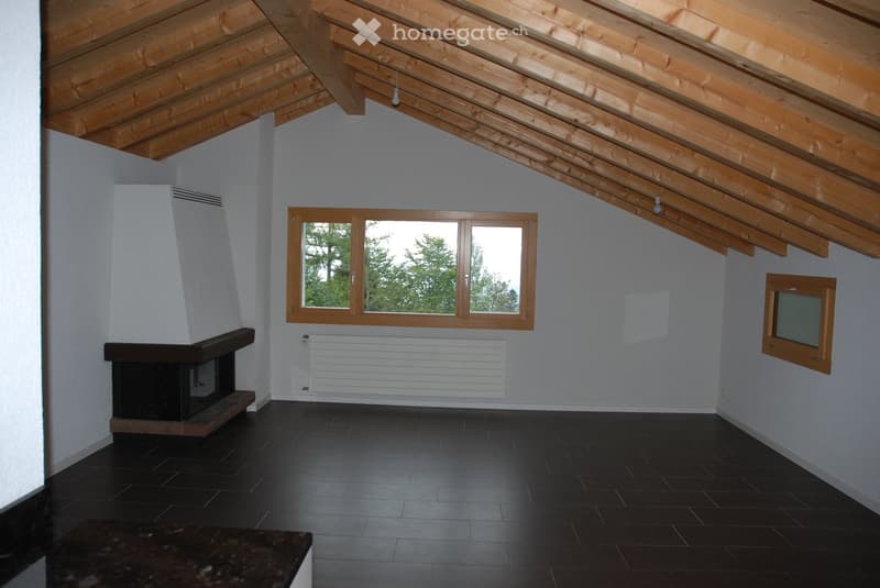 empty room, wooden ceiling, fireplace, window, radiator, tiled floor