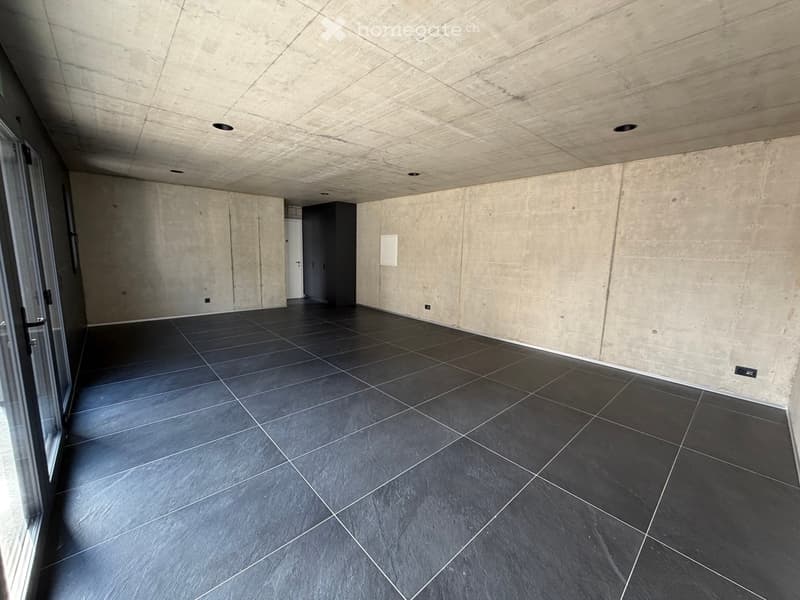 Empty room with concrete walls and floor, large windows, and a sliding door.