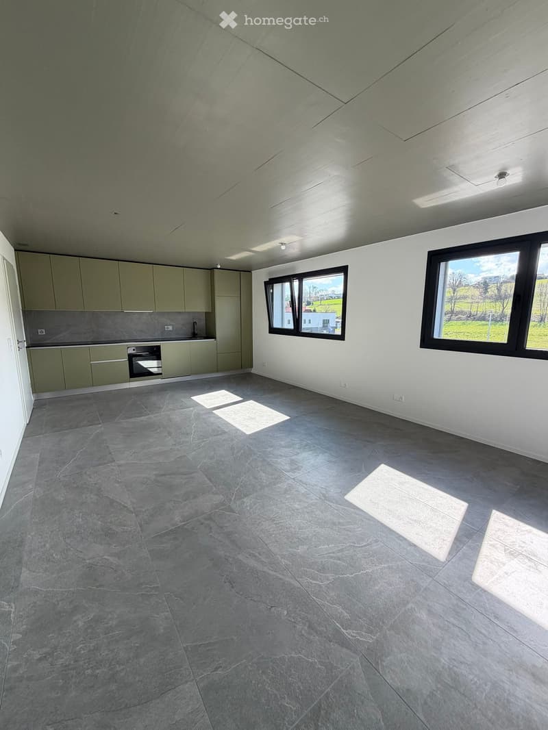 empty room, gray tiles, white walls, green cabinets, large windows, kitchen area