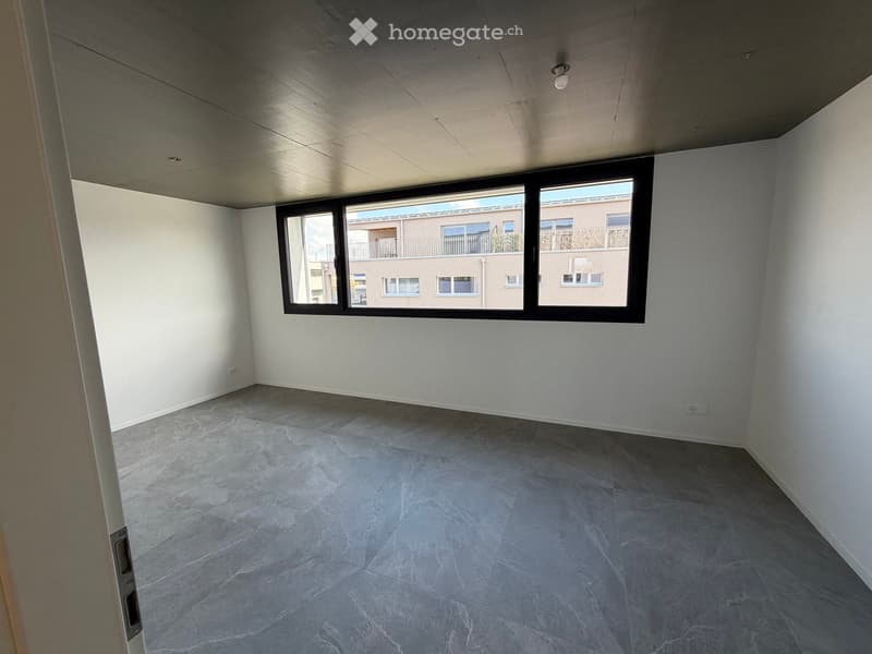 empty room, white walls, gray floor, large window, modern design