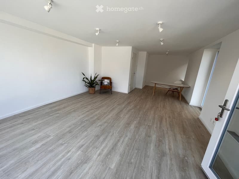 Empty room with white walls, wooden floor, a plant, a chair, a table, and a door.
