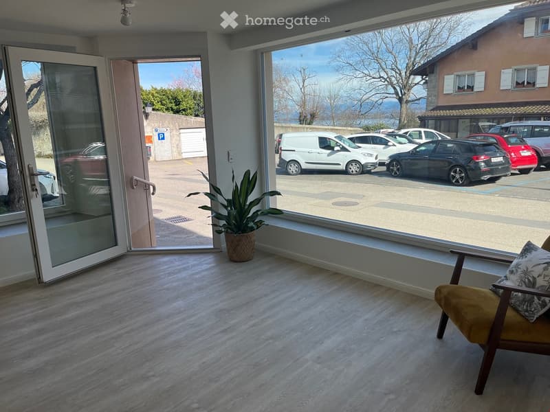empty room, wooden floor, large windows, plant, chair, view of parking lot