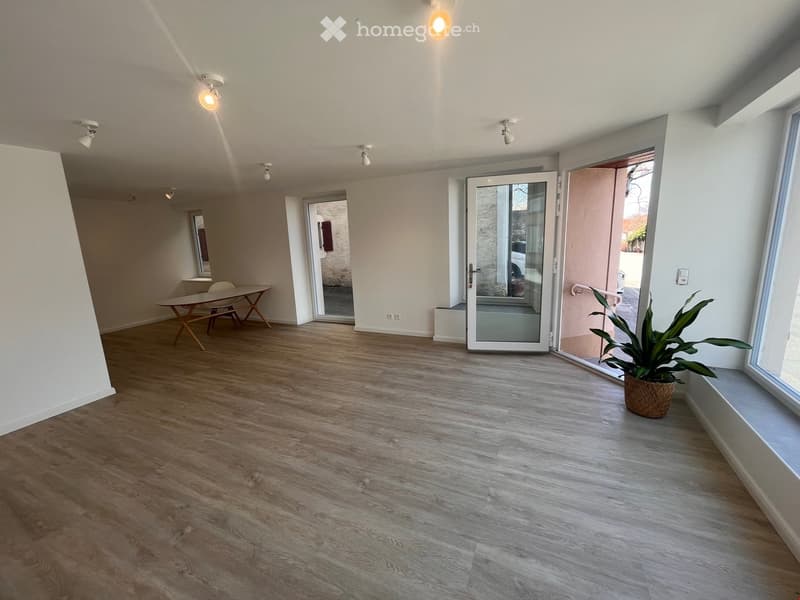 empty room, wooden floor, white walls, large windows, table and chairs, potted plant